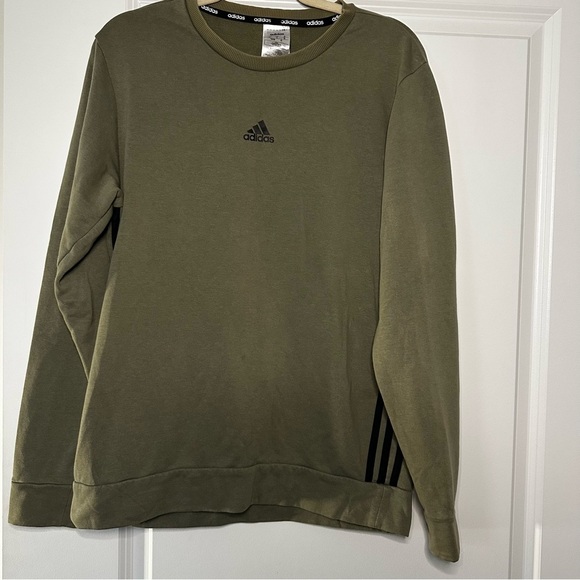 Adidas Men’s Crewneck Sweatshirt Olive Green Size M 3-Stripes Pullover - Picture 1 of 11